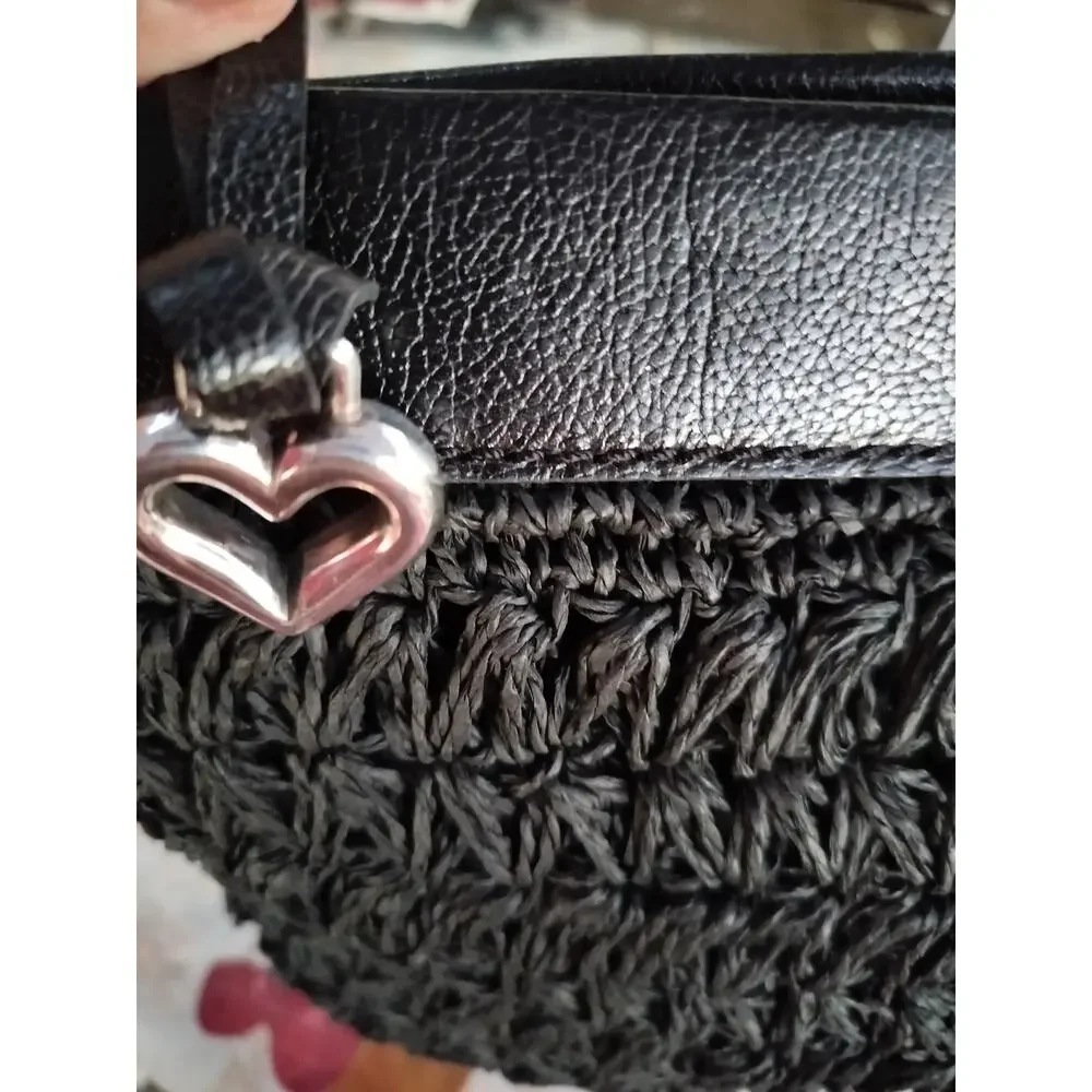 4752)Brighton Black Woven Raffia Rectangular Leather Trim  Crossbody Purse